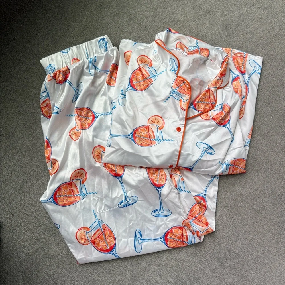White Satin Pajama Set with Aperol Spritz Print - Picture 3 of 4